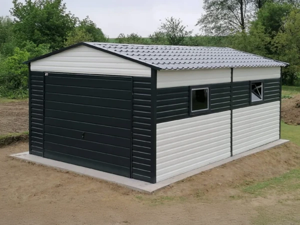 Premium plechová garáž 4×6 m – Biela RAL 9010 / Čierna RAL 9005, sedlová strecha, 2 okná P 1