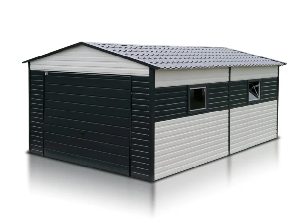 Premium plechová garáž 4×6 m – Biela RAL 9010 / Čierna RAL 9005, sedlová strecha, 2 okná P