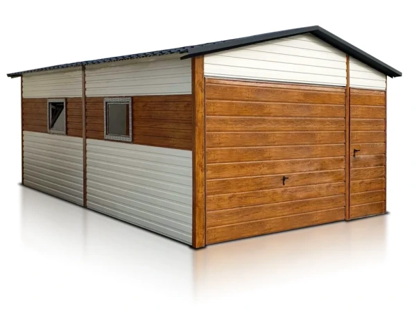 Plechová garáž 4×6 m – biela + zlatý dub, sedlová strecha, automatická brána