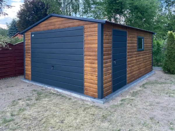 🏠 Plechová garáž 4×5 m – sedlová strecha | Zlatý dub + Antracit 1