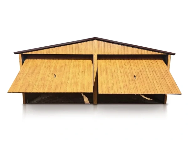 Plechová garáž 6×5 m – sedlová strecha – Zlatý dub / RAL 8017