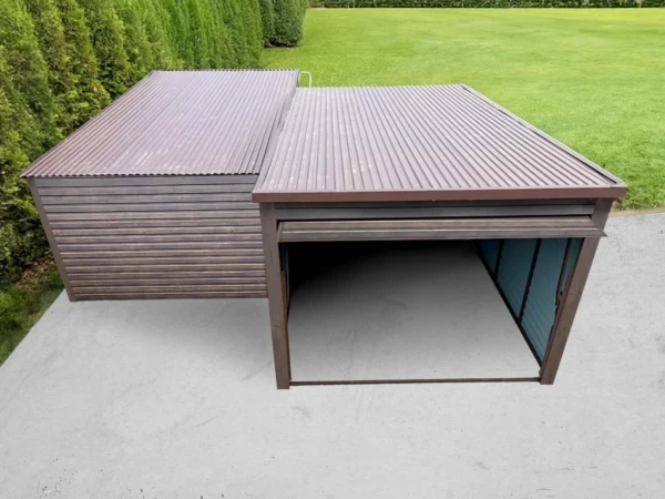 Plechová garáž 3×5 m v dekore orech – výklopná brána + personálne dvere 1