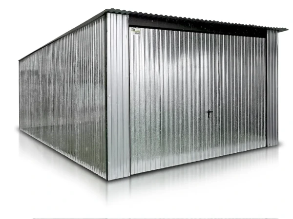 Pozinkovaná plechová garáž 4×6 m – spád dozadu, výklopná brána