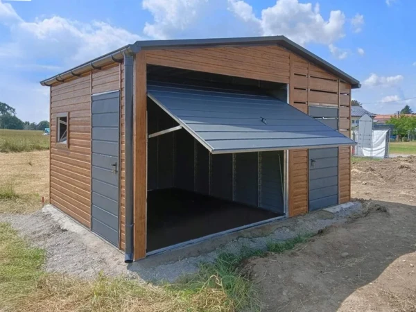 Plechová garáž 3×4 m + 2 m prístrešok – Zlatý dub / RAL 7016 1