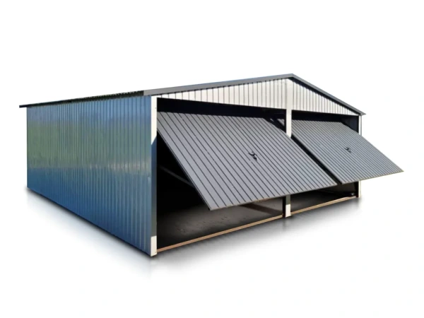 Plechová garáž 6×5 m – sedlová strecha, 2× výklopné brány