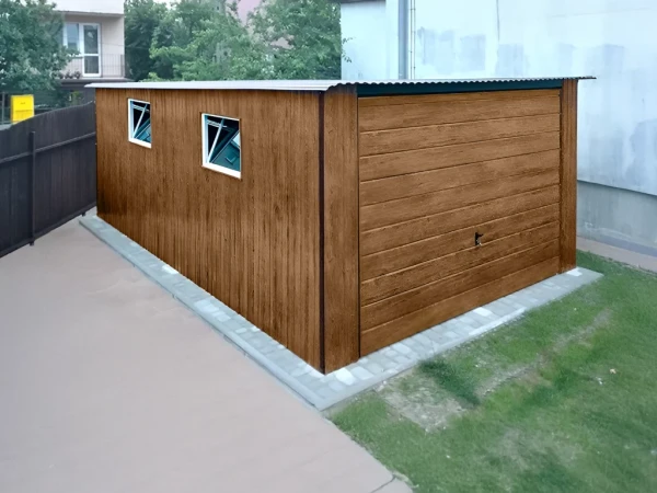 Plechová garáž 3×5 m – Zlatý dub výklopná brána 1