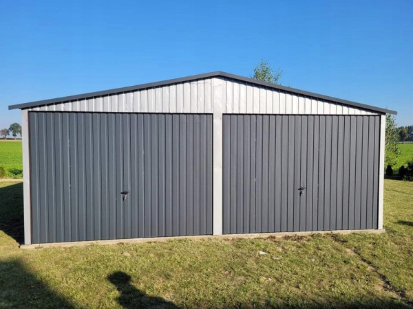 Plechová garáž 6×5 m – sedlová strecha, 2× výklopné brány 2