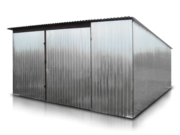 Plechová garáž 4×5 m – pozinkovaná, dvojkrídlová brána, pultová strecha